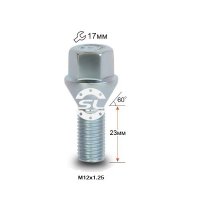 Болт колесный под железный диск М12x1.25x24мм Конус (ВАЗ, ГАЗ, Fiat, Lancia, Peugeot, Citroen) Цинк Ключ 17