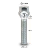 Болт колесный М12x1.25x75мм Конус (ВАЗ, ГАЗ, Fiat, Citroen, Lancia) Цинк Ключ 17 (Удлиненный)