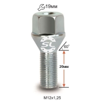 Болт колесный под железный диск М12x1.25x20мм Конус (ВАЗ, ГАЗ, Fiat, Lancia) Цинк Ключ 19
