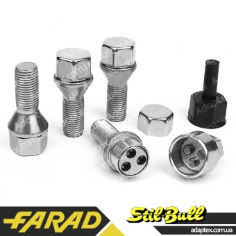 FARAD STIL BULL | Болты секретки М14x1.5x29 Конус Вращающееся кольцо Ключ 17 (Alfa Romeo, BMW, Fiat, Citroen, Saab, Peugeot, Renault, Volvo) + стальные колпачки